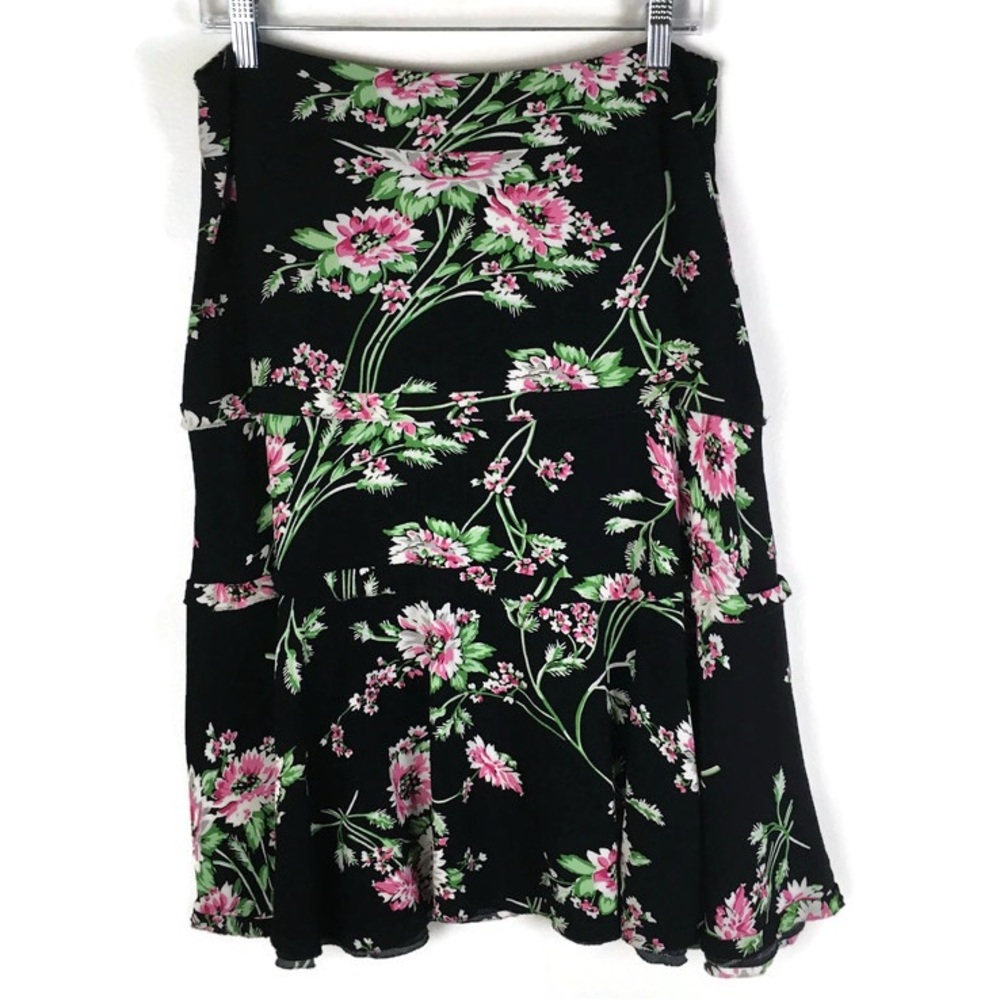 🧡3/$25 CAbi Black Tiered Ruffled Skirt with Pink & Green Floral Print